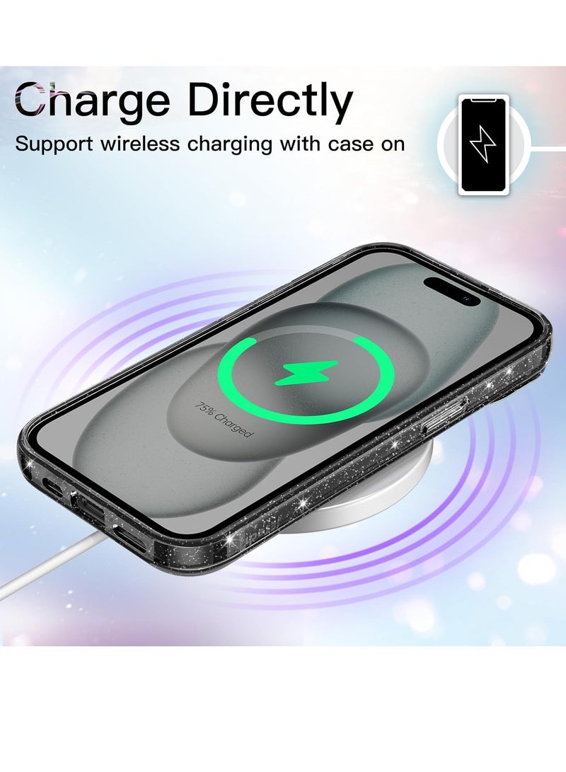 جي تيك حافظة لامعة لهاتف آيفون 15 بلس 6.7 بوصة بلينغ سباركل مقاوم للصدمات غطاء هاتف لامع لطيف للنساء والفتيات باللون الأسود - Image 5