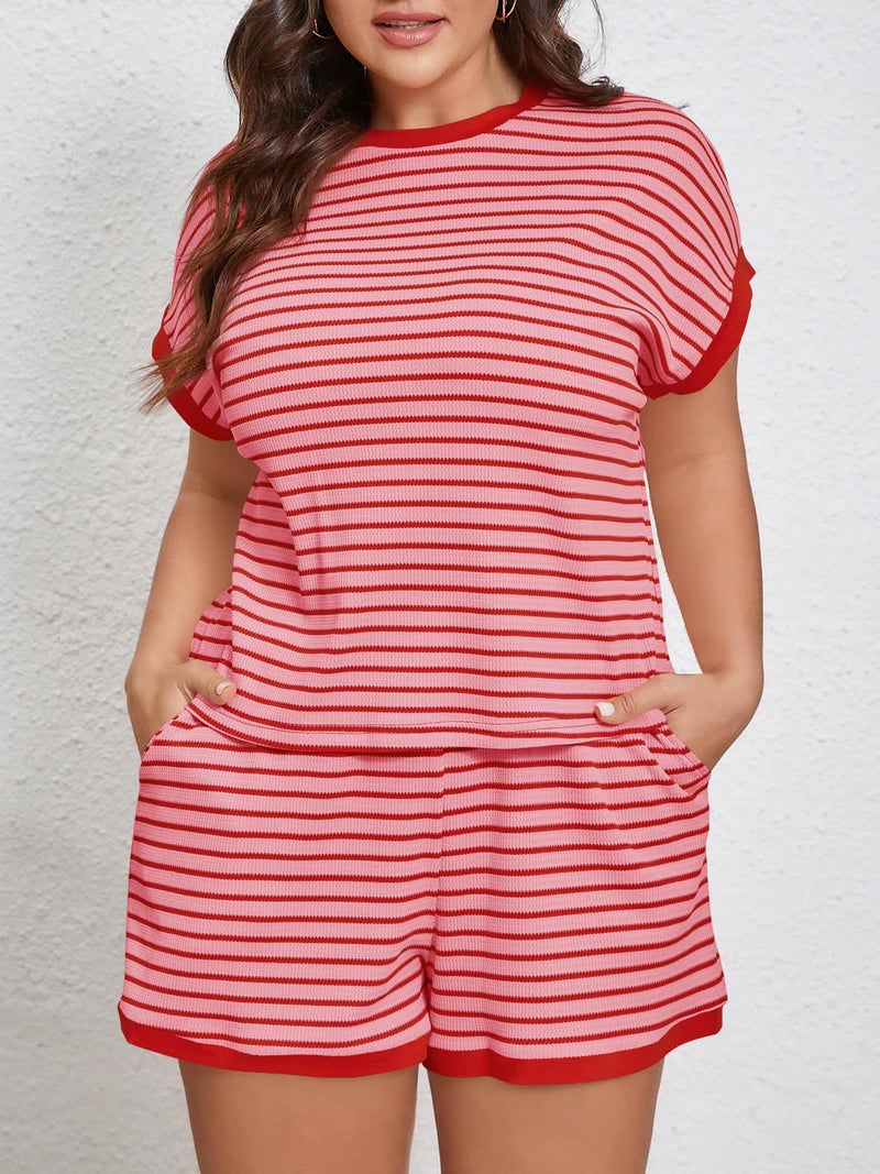 Beautife Womens Plus Size Lounge Set 2 Piece Outfits Stripe Short Sleeve Shirts Tops Shorts Summer Casual Loungewear Red - Image 3