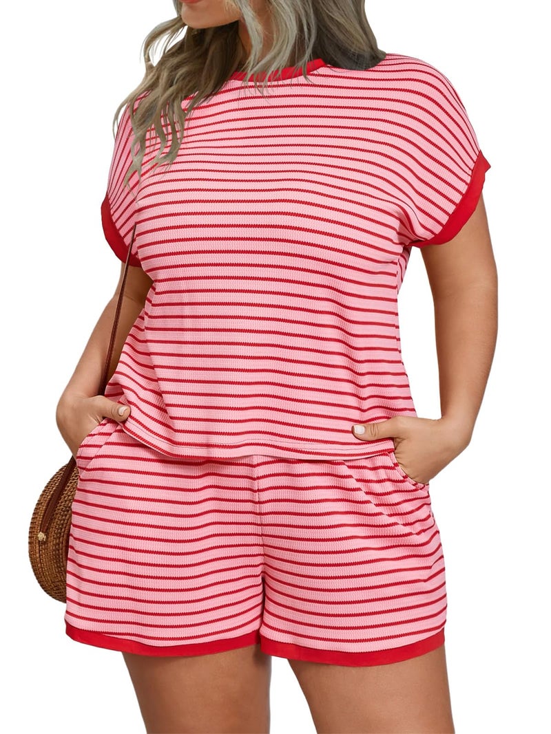 Beautife Womens Plus Size Lounge Set 2 Piece Outfits Stripe Short Sleeve Shirts Tops Shorts Summer Casual Loungewear Red - Image 1