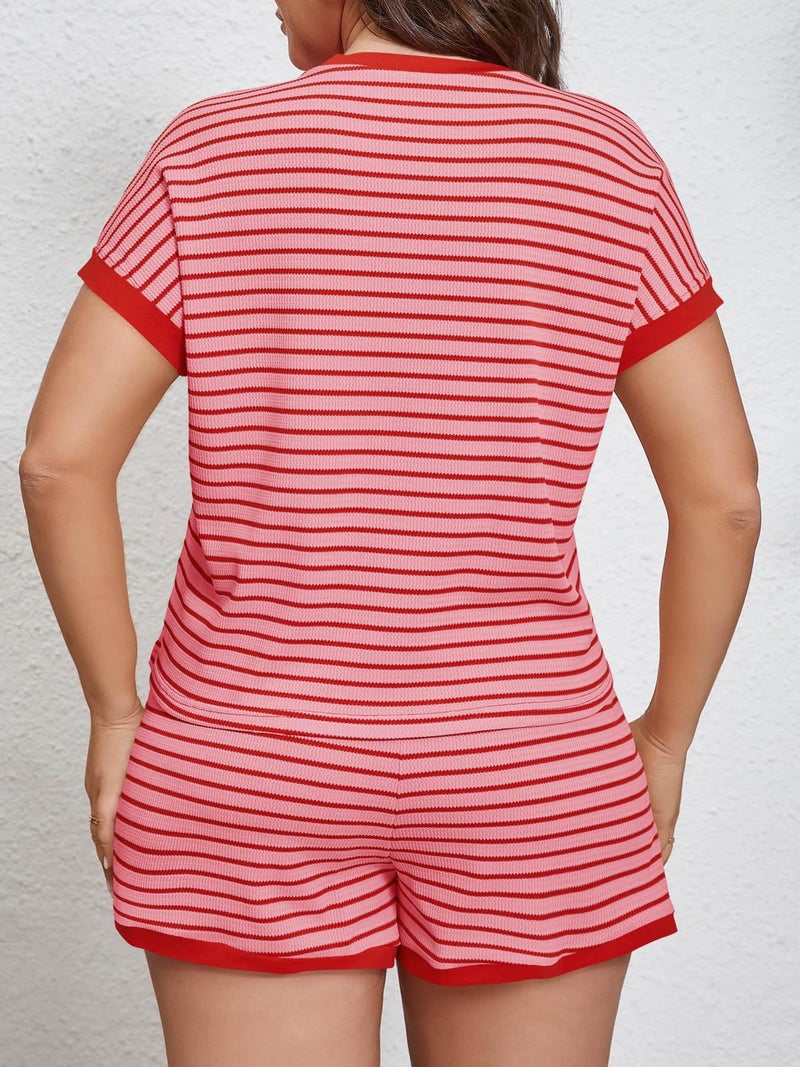 Beautife Womens Plus Size Lounge Set 2 Piece Outfits Stripe Short Sleeve Shirts Tops Shorts Summer Casual Loungewear Red - Image 2