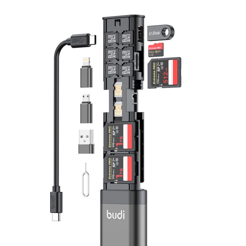BUDI Multifunctional 9 in1 SD Card Reader Cable and USB 30 TFSD TypeC with OTG Adapter for iPhone Android and Computer Memory Stick Plug and Play Upgrade Version - Image 2