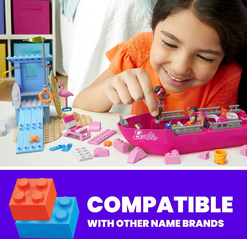 Mega Brands مجموعة ألعاب بناء باربي ميغا للأطفال، قارب الأحلام مالibu مع 317 قطعة، 2 دمى صغيرة وإكسسوارات، وردي، للأعمار 6 سنوات فما فوق - Image 3