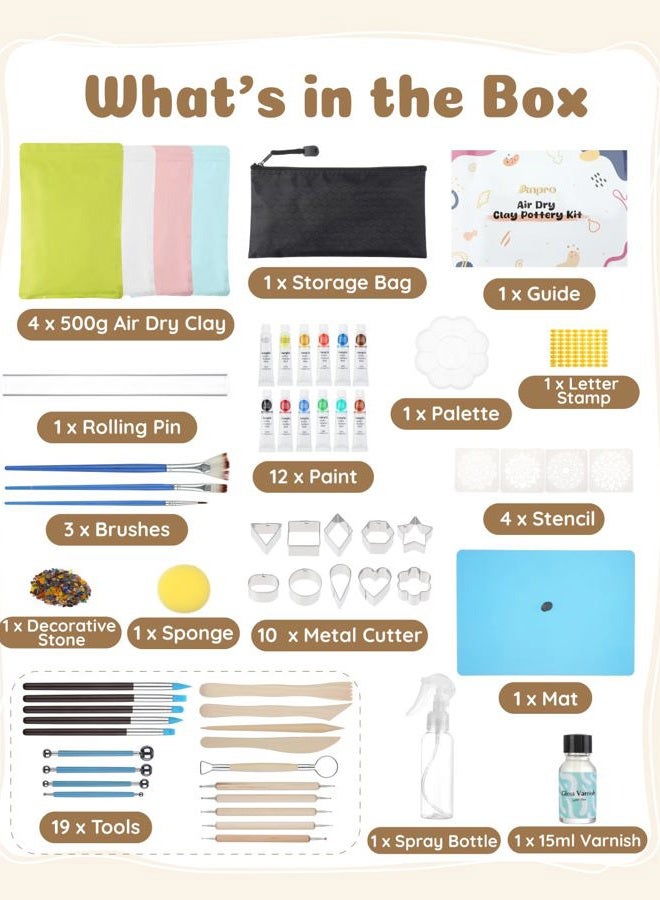 Anpro Air Dry Clay for Adults, Air-Dry Clay Starter Kit for Beginners Clay Kit, Includes Air-Dry Clay, 19 Clay Tools Kit, 12 Paints, 26 Letter DIY Clay Cutters, Varnish, Guide, Colored Rocks - Image 3