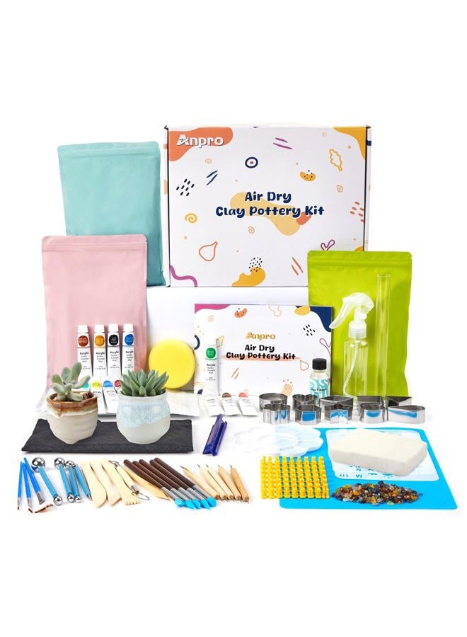 Anpro Air Dry Clay for Adults, Air-Dry Clay Starter Kit for Beginners Clay Kit, Includes Air-Dry Clay, 19 Clay Tools Kit, 12 Paints, 26 Letter DIY Clay Cutters, Varnish, Guide, Colored Rocks - Image 1