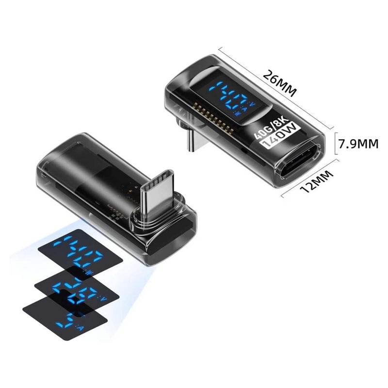 TECPHILE Transparent 140W Type-C Male to Female Adapter with Digital Display, 40Gbps, 8K@60Hz, 90° Elbow Converter, USB Thunderbolt 4 Extension, Compatible with Mac-Bok Pro/Air, iPad Pro, Del XPS - Image 2