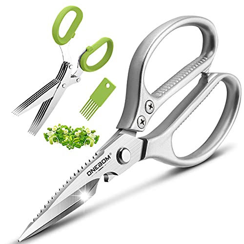 ONEBOM Kitchen Shears 2 Pack,Multi-Function Kitchen Scissors Heavy Duty Sharp 304 Stainless Steel, Apartment Kitchen Accessories Cooking Shears for Chicken,Meat,Fish,Poultry(Sliver) - Image 1