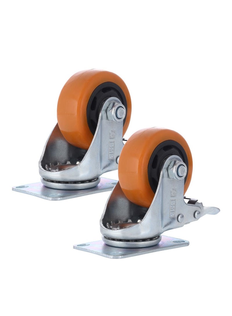 BMB tools 2-Piece 75mm Orange PVC Medium Duty Caster Double Ball Bearing - Swivel with Brake - Plate - Image 1