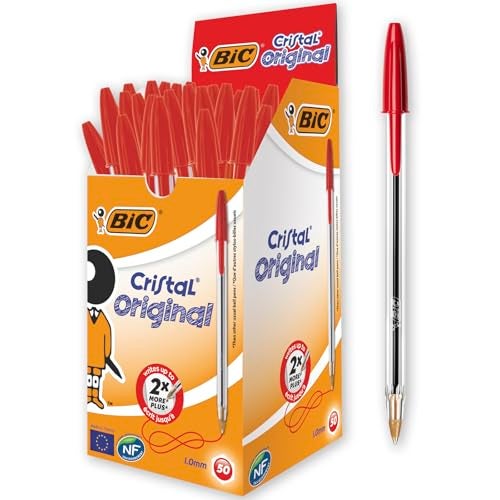 BIC Cristal Original Ballpoint Pens, Medium Point (1.0 mm), Red, Box of 50 - Smudge-Free, Every-Day Writing Pens with Clear Barrel, 8373619 - Image 1