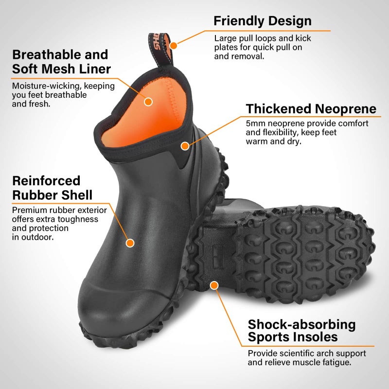 Showave Men's Ankle Rain Boots Waterproof Rubber Garden Boots Durable Slip on Rain Shoes for Outdoor Mud Yard Chore, Black - Image 4