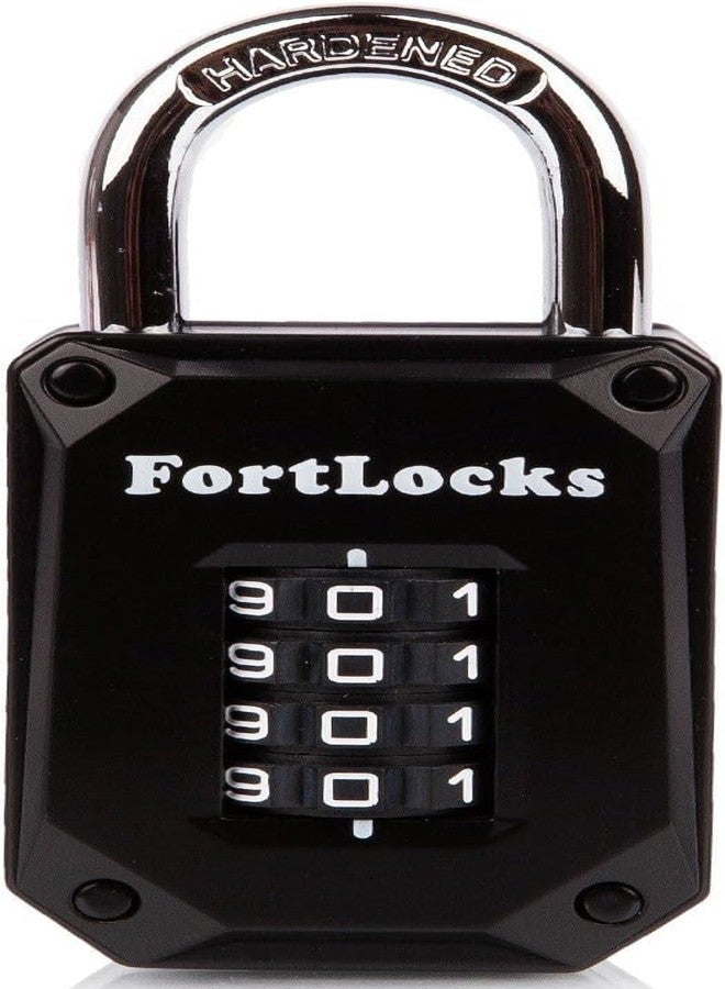 FortLocks Gym Locker Lock - 4 Digit, Heavy Duty, Hardened Stainless Steel, Weatherproof and Outdoor Combination Padlock - Easy to Read Numbers - Resettable and Cut Proof Combo Code - 1 Pack Black - Image 1
