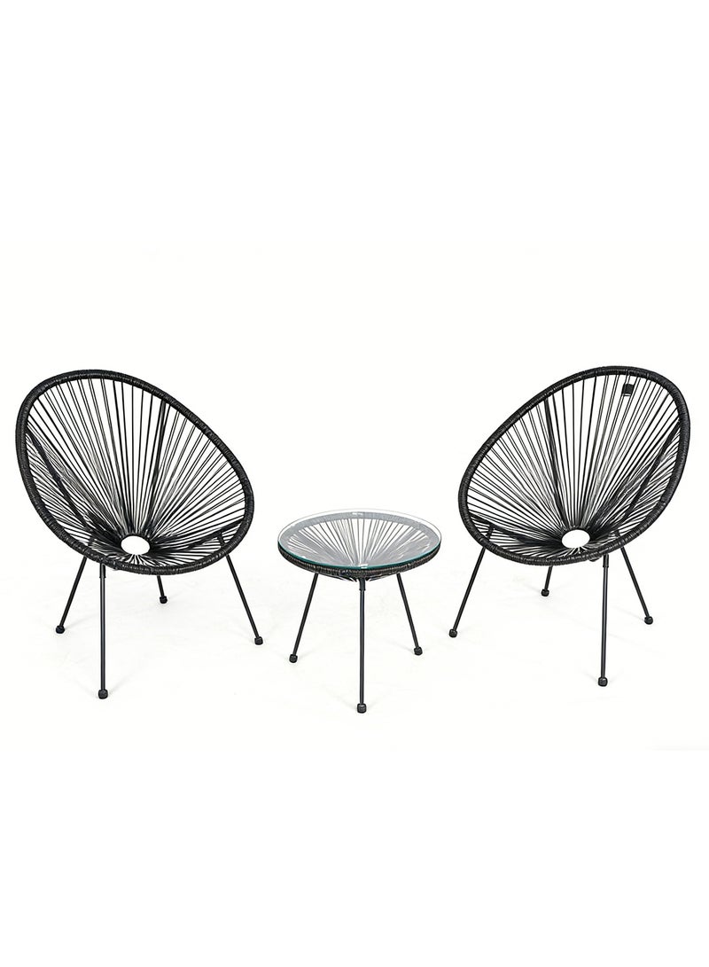 Noon East 3 Piece Metal Outdoor Patio Set, includes 2 Eggs Rattan Chairs and 1 Table with Temper Glass Top, perfect for Outdoor and balcony, Black - Image 4