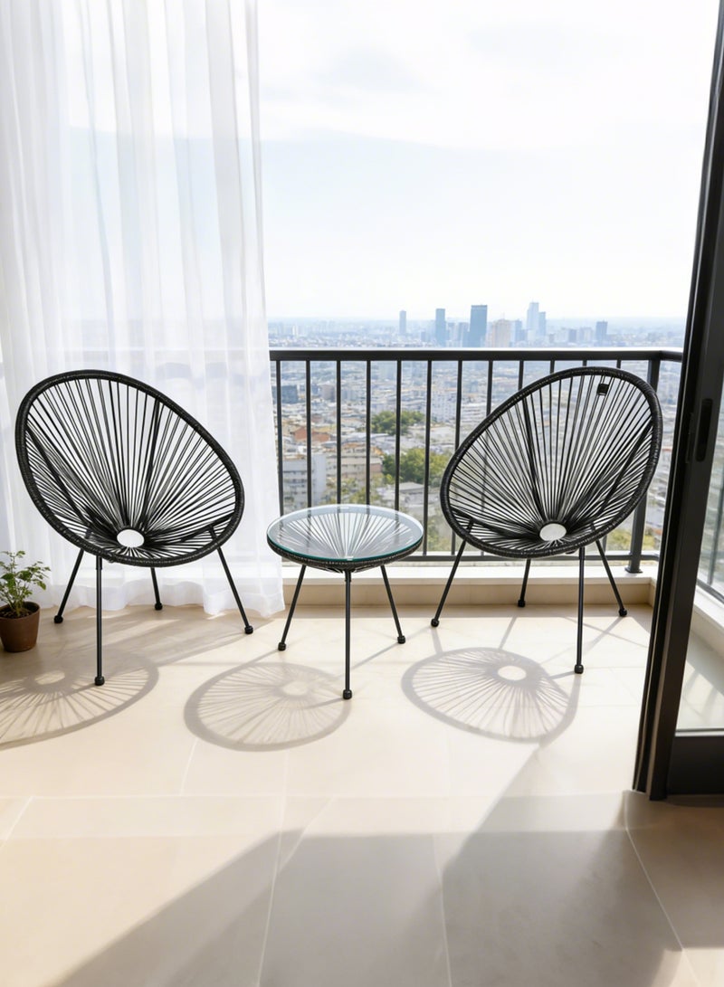 Noon East 3 Piece Metal Outdoor Patio Set, includes 2 Eggs Rattan Chairs and 1 Table with Temper Glass Top, perfect for Outdoor and balcony, Black - Image 2