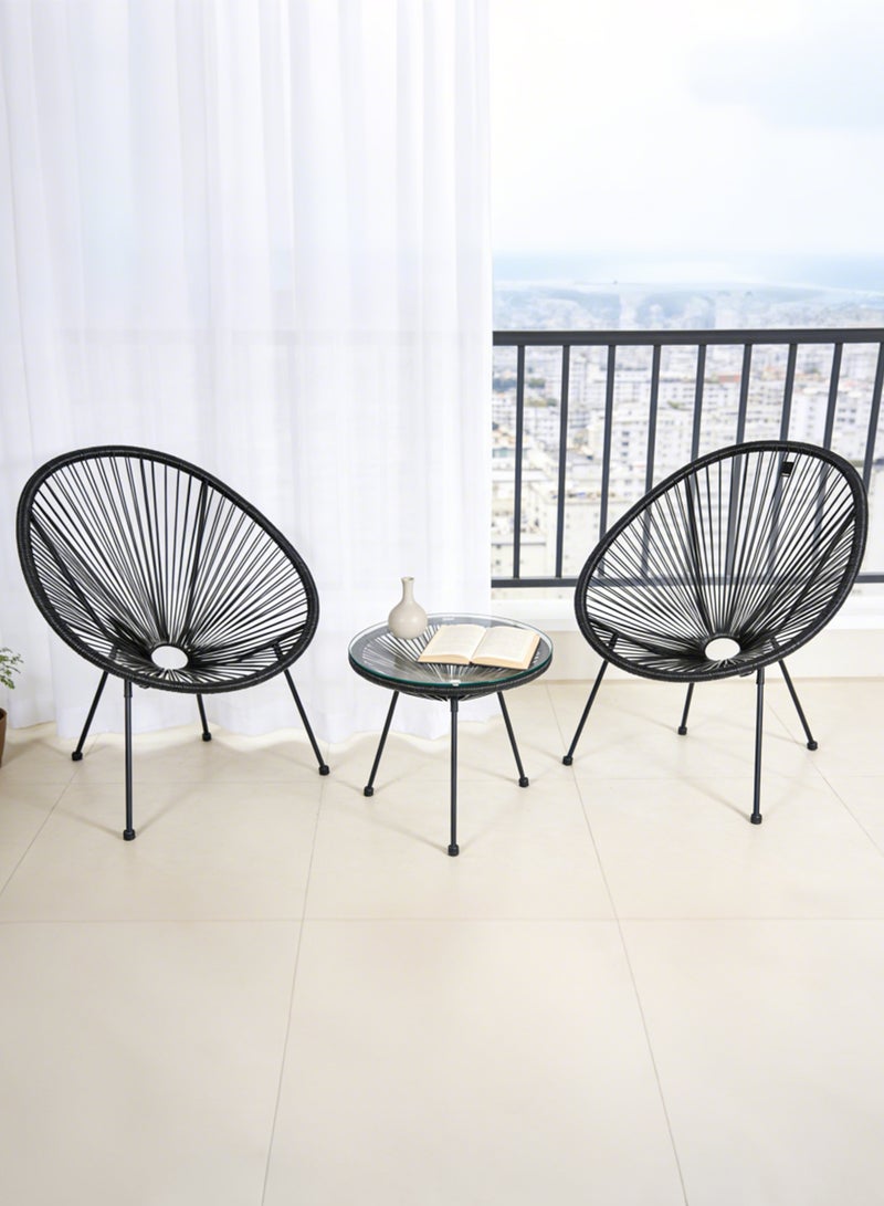 Noon East 3 Piece Metal Outdoor Patio Set, includes 2 Eggs Rattan Chairs and 1 Table with Temper Glass Top, perfect for Outdoor and balcony, Black - Image 1
