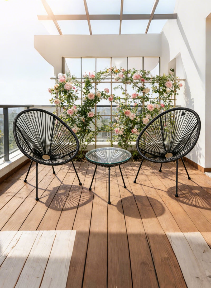 Noon East 3 Piece Metal Outdoor Patio Set, includes 2 Eggs Rattan Chairs and 1 Table with Temper Glass Top, perfect for Outdoor and balcony, Black - Image 3