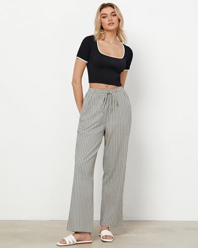 GRAPENT Cotton Elastic Waist Pants for Women Khaki Pants Women Cute for Wide Leg Vacation Draw String Linen Khaki Black Stripe Size Large US 12 to 14 - Image 2