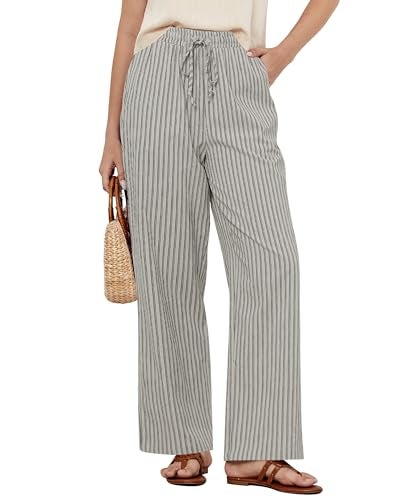 GRAPENT Cotton Elastic Waist Pants for Women Khaki Pants Women Cute for Wide Leg Vacation Draw String Linen Khaki Black Stripe Size Large US 12 to 14 - Image 1