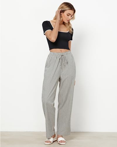 GRAPENT Cotton Elastic Waist Pants for Women Khaki Pants Women Cute for Wide Leg Vacation Draw String Linen Khaki Black Stripe Size Large US 12 to 14 - Image 5