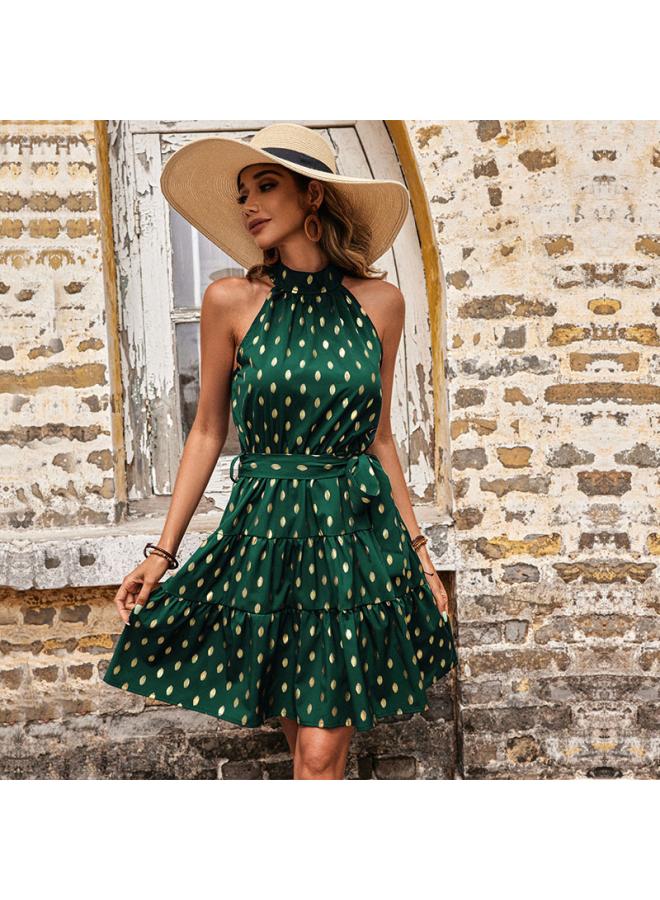 Summer European And American Women's Sleeveless Halter Off-shoulder Short Skirt Polka Dot Lace-up Dress