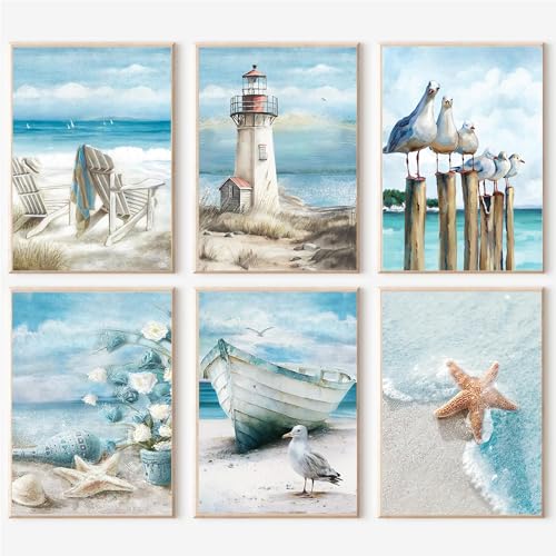 cupmod 6 Packs Beach Paint by Numbers Kit for Adults,Sea Side DIY Acrylic Oil Painting Numbers Kits on Canvas,Watercolor Adults Paint by Numbers Kits for Home Decor 9.8x13.8inch - Image 1