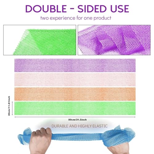 UJFQBH 4 Pieces African Net Sponge African Net Long Net Bath Sponge Exfoliating Shower Body Scrubber Back Scrubber Skin Smoother,Great for Daily Use (Purple, Orange, Green, Pink) - Image 3