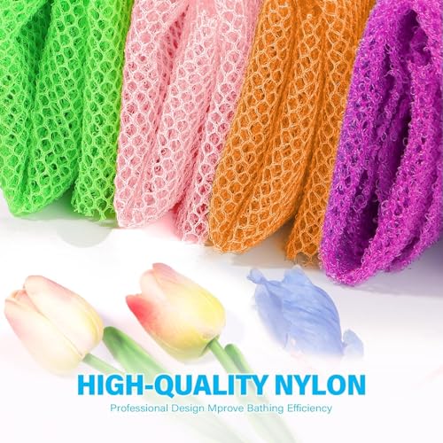 UJFQBH 4 Pieces African Net Sponge African Net Long Net Bath Sponge Exfoliating Shower Body Scrubber Back Scrubber Skin Smoother,Great for Daily Use (Purple, Orange, Green, Pink) - Image 4