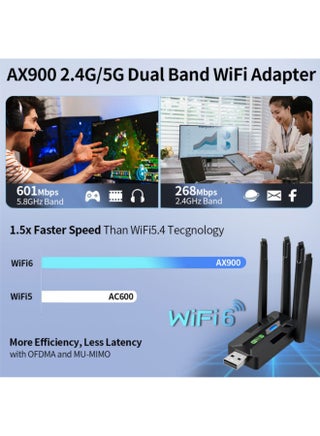 محول واي فاي 6 USB لأجهزة الكمبيوتر المكتبية - محول شبكة لاسلكية AX900 بتردد 5 جيجاهرتز/2.4 جيجاهرتز، توصيل وتشغيل، 4 هوائيات 5 ديسيبل، يدعم Windows 11/10 - view 4