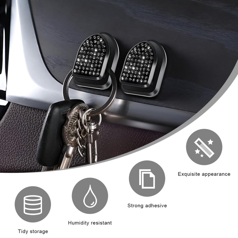ZNDAW 4 PCS Bling Car Mini Hooks, Cute Rhinestone Adhesive Back Seat Auto Hangers, Multifunctional Crystal Hanging Storage Hook for Vehicle Dashboard Wall Hat Coat Towel Key (Black) - Image 4