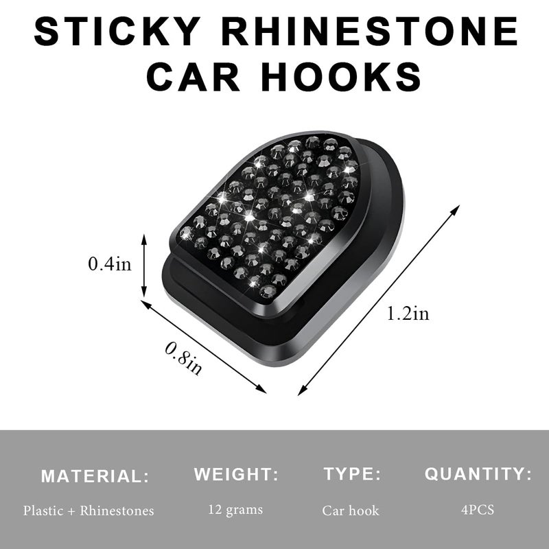 ZNDAW 4 PCS Bling Car Mini Hooks, Cute Rhinestone Adhesive Back Seat Auto Hangers, Multifunctional Crystal Hanging Storage Hook for Vehicle Dashboard Wall Hat Coat Towel Key (Black) - Image 2