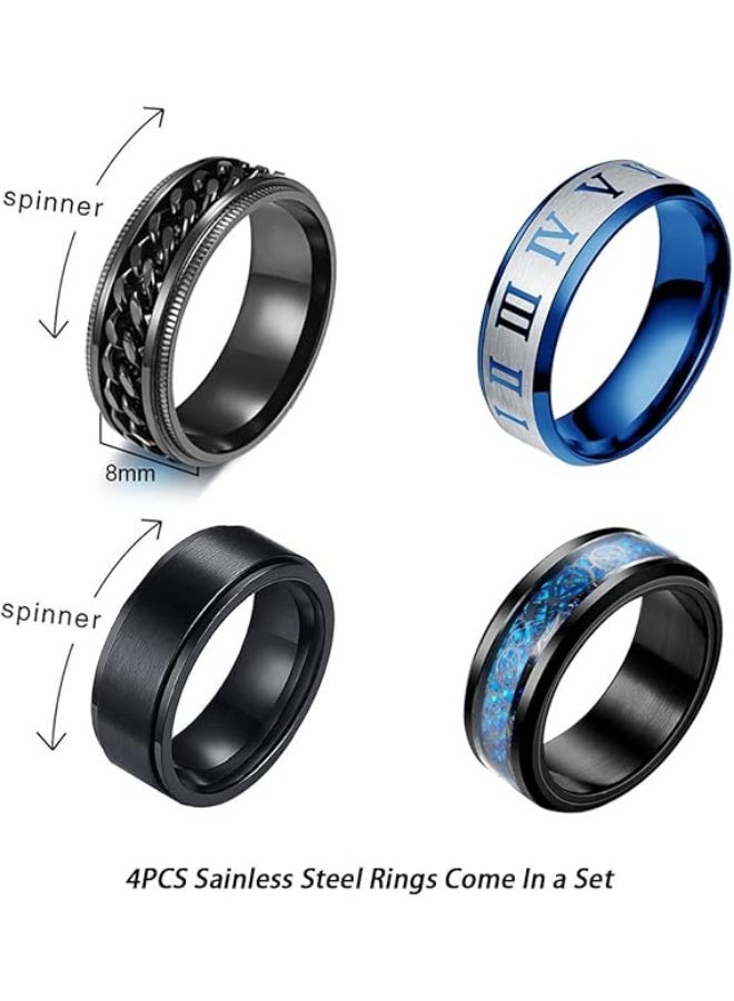 Stainless Steel Ring Set (4pcs Band), Men's Wedding Rings, Cool Spinner Rings, Black, Silver, Gold, Blue, 8mm Width, Unisex - Image 3