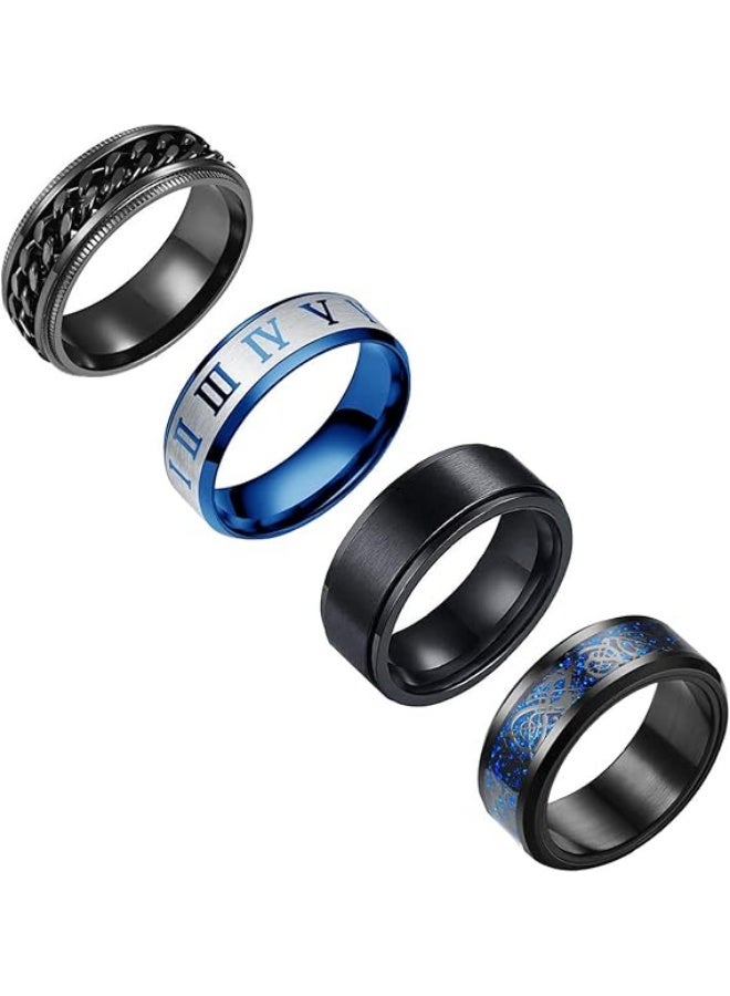 Stainless Steel Ring Set (4pcs Band), Men's Wedding Rings, Cool Spinner Rings, Black, Silver, Gold, Blue, 8mm Width, Unisex - Image 1