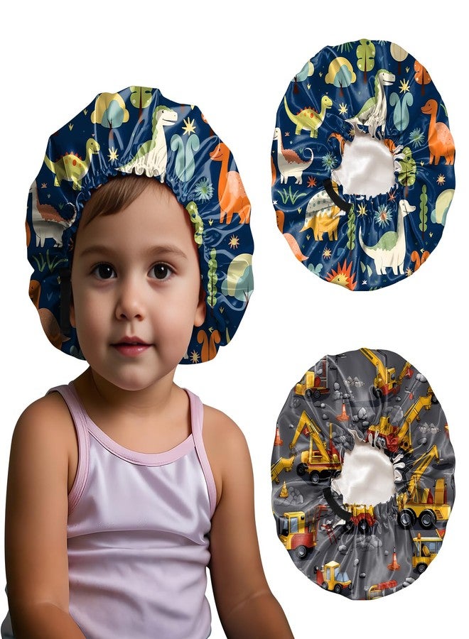 BHAHB 2 PCS Kids Bonnets for Girls Boys Satin Silk Hair Bonnets Double Layer Elastic Adjustable Hair Caps for Sleeping Reusable Cute Aesthetic-Dinosaur Cars - Image 1