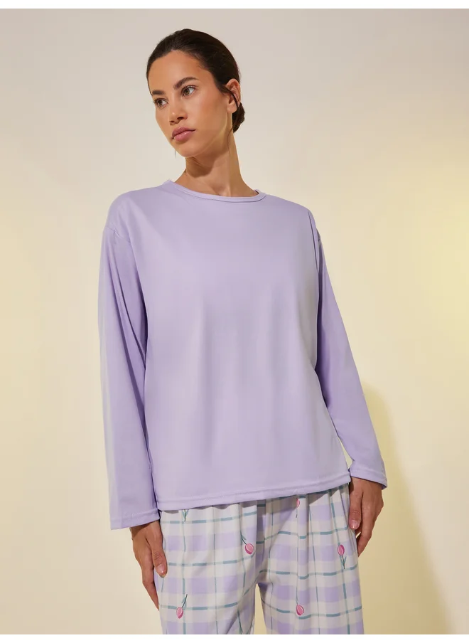 تايك تو Take Two Solid Long Sleeve T-Shirt with Bra and Printed Pyjama Set