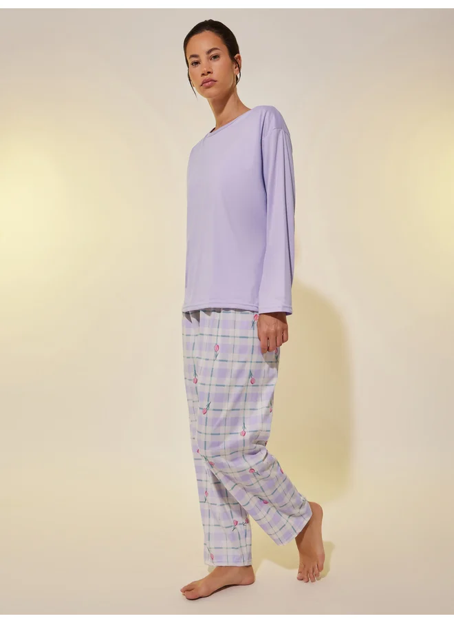 تايك تو Take Two Solid Long Sleeve T-Shirt with Bra and Printed Pyjama Set