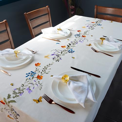 RUSTIQUE LINENS 100% Cotton,Premium Embroidered Tablecloth – Water & Stain Repellent,230 x 150 cm|Large Dining Table Cover for 8 Seater – Elegant & Washable-Flutter Bloom - Image 2