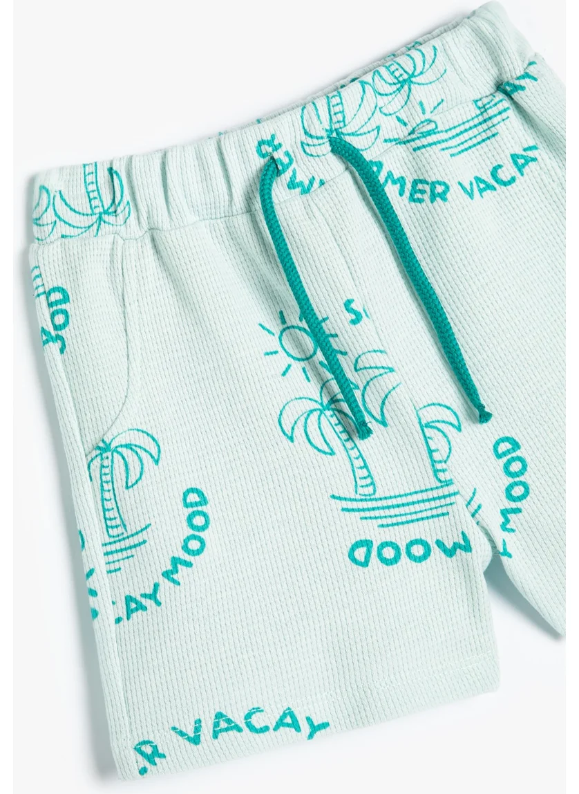 KOTON Cotton Shorts Palm Tree Printed Textured Cotton with Elastic Waist