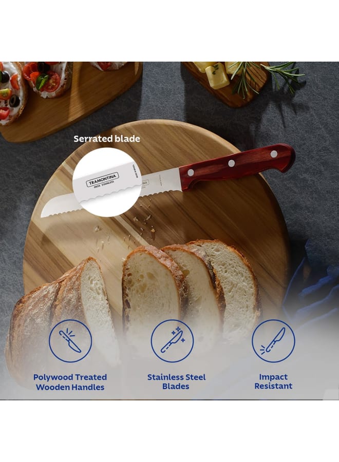 TRAMONTINA TRAMONTINA Polywood Stainless Steel Bread Knife, 7-Inch Blade, Durable Wooden Handle, Perfect for Slicing Bread, Cakes, and Pastries, Red Handle, Elegant Design, Kitchen Essential  - Image 3