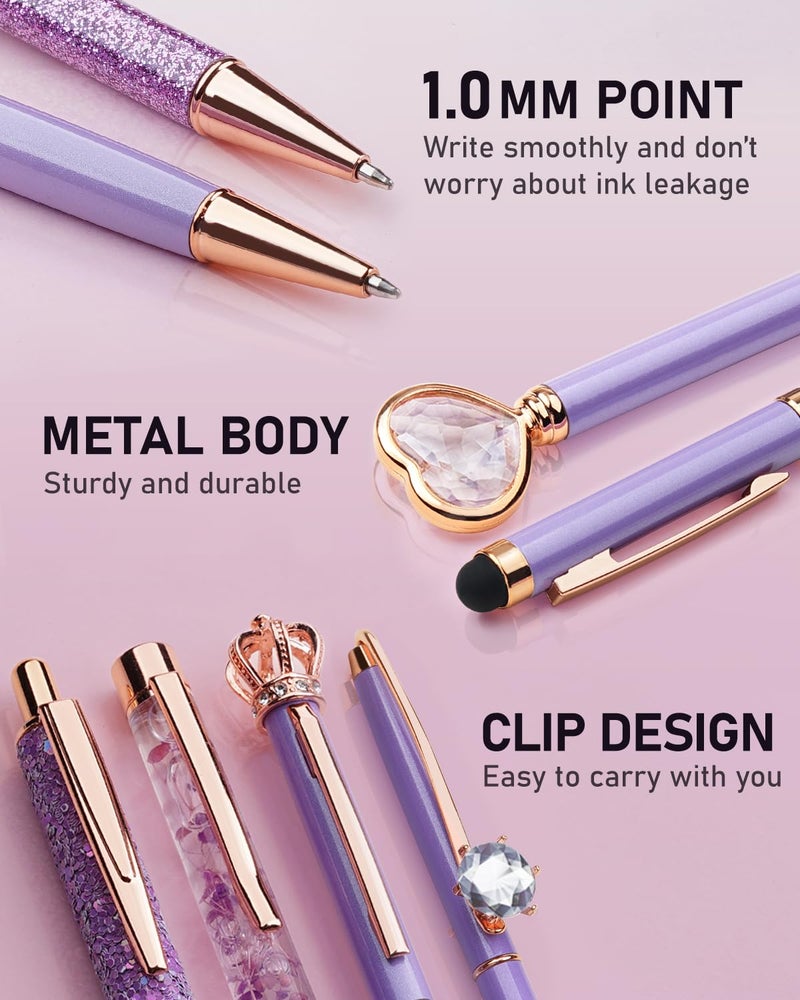 WEMATE 8Pcs Purple Pens, Metal Crystal Diamond Pen with Black & Blue Ink, Pens for Journaling, Office Supplies Fancy Pens for Women, Back to School Supplies for Girls Birthday (Purple) - Image 4