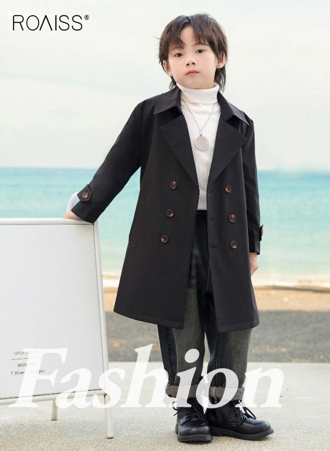 رويس معطف أنيق للأولاد مع حزام، معطف متوسط الطول بصفين من الأزرار وجيبين جانبيين، سترة بأزرار، سترة واقية من الرياح كلاسيكية رجعية للأولاد، مناسبة للارتداء اليومي والأنشطة الخارجية - Image 1