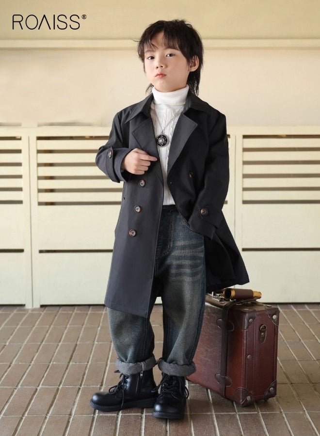 رويس معطف أنيق للأولاد مع حزام، معطف متوسط الطول بصفين من الأزرار وجيبين جانبيين، سترة بأزرار، سترة واقية من الرياح كلاسيكية رجعية للأولاد، مناسبة للارتداء اليومي والأنشطة الخارجية - Image 3