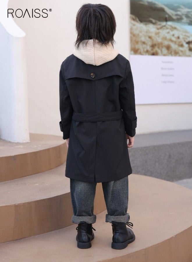 رويس معطف أنيق للأولاد مع حزام، معطف متوسط الطول بصفين من الأزرار وجيبين جانبيين، سترة بأزرار، سترة واقية من الرياح كلاسيكية رجعية للأولاد، مناسبة للارتداء اليومي والأنشطة الخارجية - Image 4