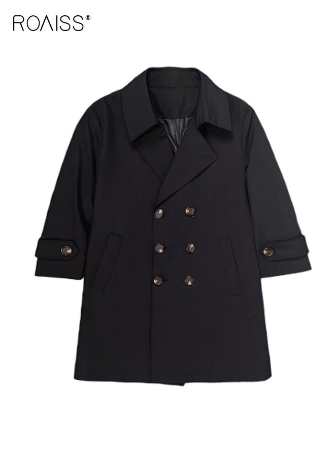 رويس معطف أنيق للأولاد مع حزام، معطف متوسط الطول بصفين من الأزرار وجيبين جانبيين، سترة بأزرار، سترة واقية من الرياح كلاسيكية رجعية للأولاد، مناسبة للارتداء اليومي والأنشطة الخارجية - Image 2