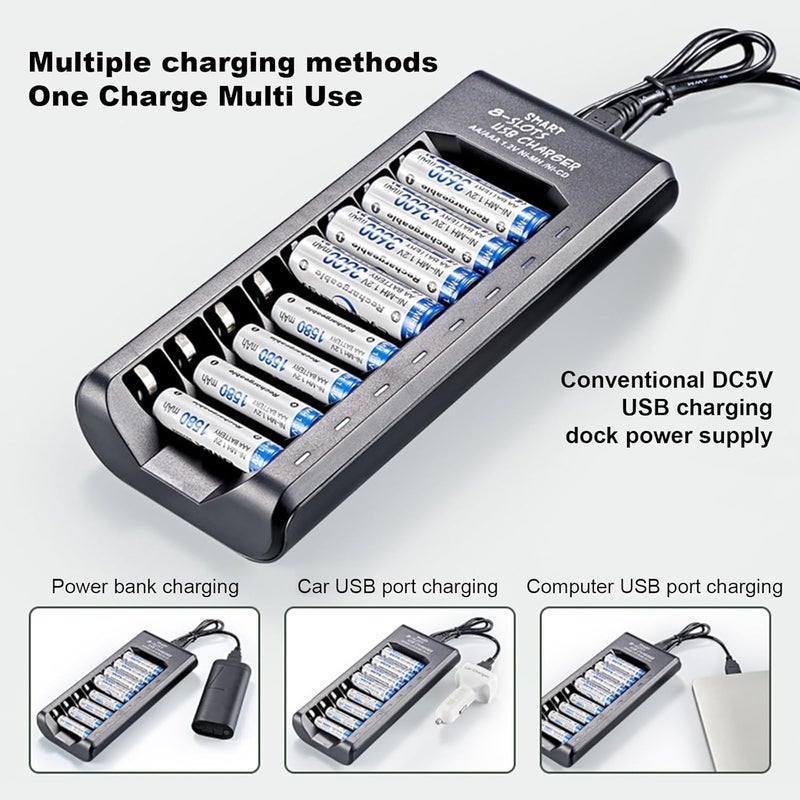 Eacam 8-Slot Smart Battery Charger for 1.2V Ni-MH AA/AAA Rechargeable Batteries USB Plug and Play Battery Charging Dock - Image 2