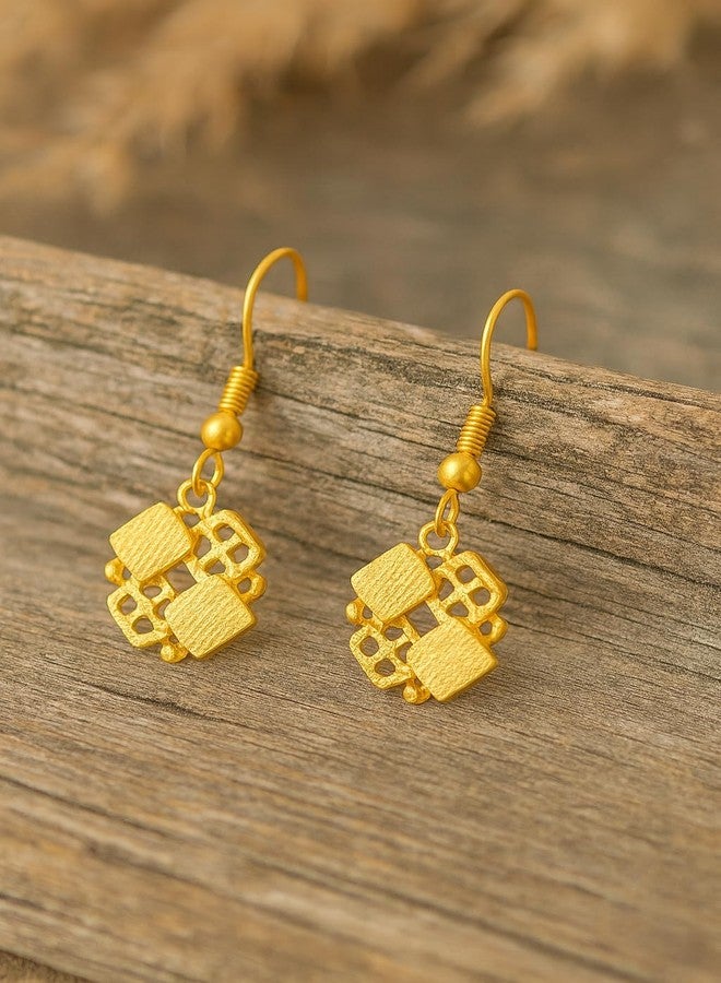 SHANKHRAJ MALL Geometric Gold-Plated Drop Dangle Earrings, Square Pattern Design, Fish Hook - Image 3