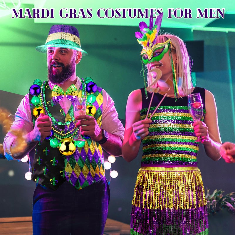 Cozypower 10 Pcs Mardi Gras Outfit for Men Mardi Gras Costume Accessories Purple Gold Green Vest and Tie Carnival Outfits(L) - Image 5