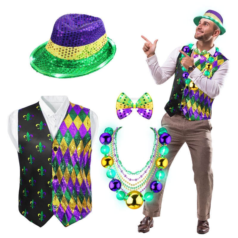 Cozypower 10 Pcs Mardi Gras Outfit for Men Mardi Gras Costume Accessories Purple Gold Green Vest and Tie Carnival Outfits(L) - Image 1