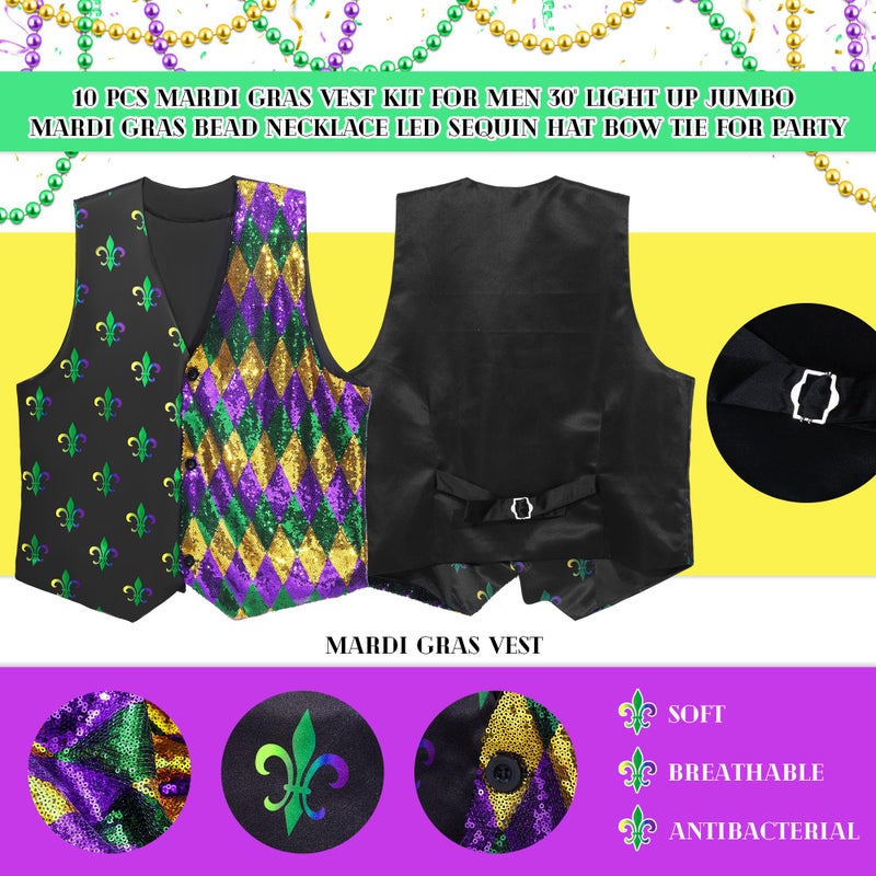 Cozypower 10 Pcs Mardi Gras Outfit for Men Mardi Gras Costume Accessories Purple Gold Green Vest and Tie Carnival Outfits(L) - Image 3