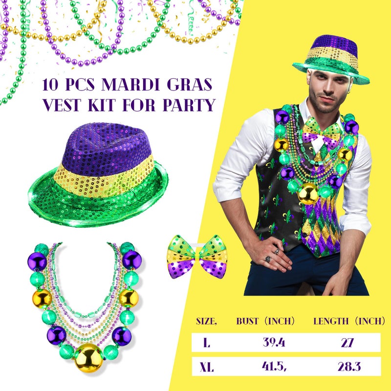 Cozypower 10 Pcs Mardi Gras Outfit for Men Mardi Gras Costume Accessories Purple Gold Green Vest and Tie Carnival Outfits(L) - Image 4