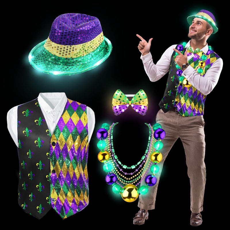 Cozypower 10 Pcs Mardi Gras Outfit for Men Mardi Gras Costume Accessories Purple Gold Green Vest and Tie Carnival Outfits(L) - Image 2