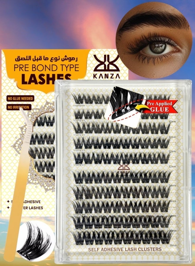 Kanza Pre Bond Type Lashes Kit with Tweezers Self Adhesive Eyelashes Eyelash Clusters Kit, False Eyelashes D Curl Pre Glued Lash Clusters Wispy Lashes Cluster Kit Lash Clusters for Beginners and Salon use Press On DIY Lash Extension Eye Makeup Kit Falselashes 10-16mm Size 100 Pcs - Image 1