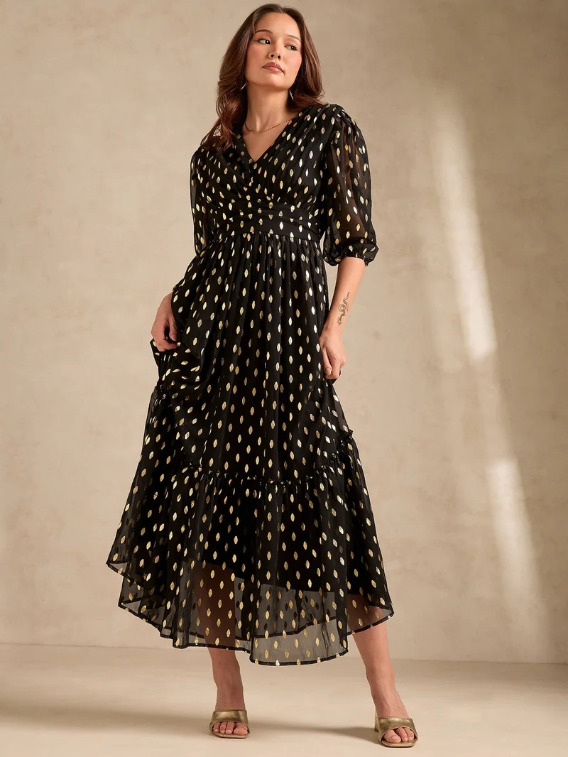 OUTZIDR Black Evening Sinched Waist Tiered Dress